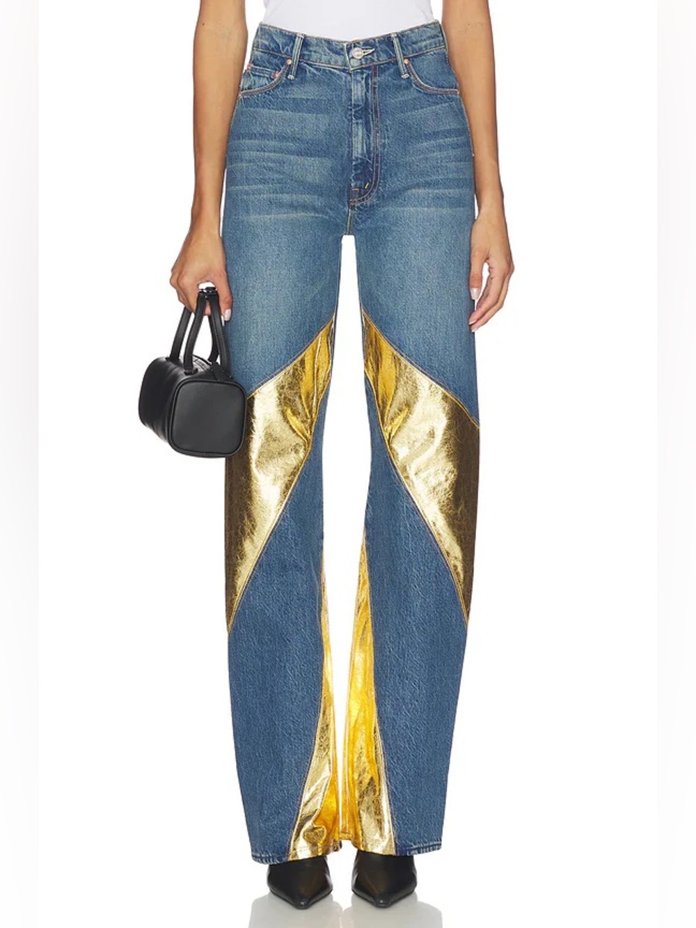 MOTHER The Spiral Saloon Heel Jeans 26 Gold Metallic Panel High Rise Statement